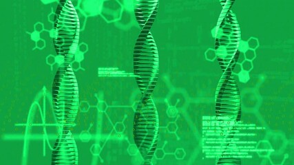 Poster - DNA strands and hexagonal shapes, scientific data processing animation