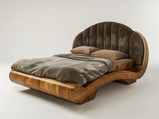 Modern wooden bed with curved headboard and footboard, featuring two pillows and a brown sheet.