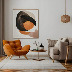 Interior design of modern living room with colorful sofa.A cozy, modern living room interior with warm earthy tones, a stylishmid-century sofa in terracotta.