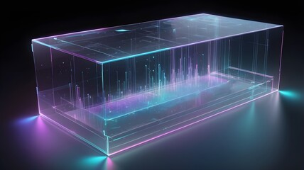 Poster - Futuristic Glass Cube with Neon Lights and Data Lines