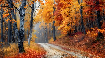 Wall Mural - misty autumn forest path