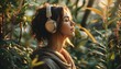 © 杜克 杜 - Tranquil meditation journey with a woman in earphones amidst stylized plants, merging nature and mindfulness in a serene illustration