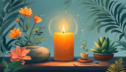 Sticker - Tranquil Candle and Plant Illustration for Guided Meditation and Mindfulness Practice