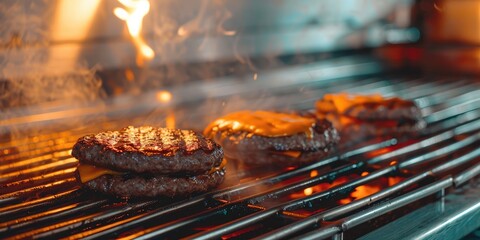 Wall Mural - Grilling beef patties topped with cheddar cheese in a culinary setting