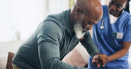 Wall Mural - Nurse, senior man and helping hand for walking in home with injury, care and support for recovery in retirement. Black people, balance and elderly person with disability, caregiver and rehabilitation