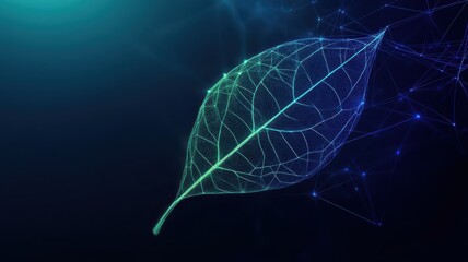 Wall Mural - Futuristic Digital Leaf with Network Connections on a Dark Background Representing Technology and Nature Integration