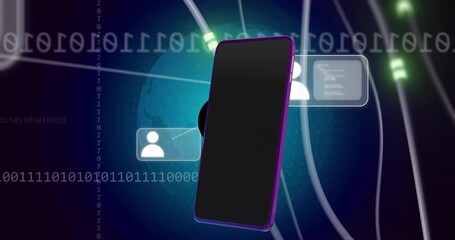 Poster - Smartphone with binary code and user icons, digital communication animation