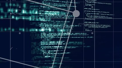 Poster - Programming code and network connections, data processing animation over dark background