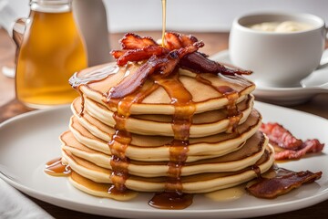 Wall Mural - Pancake stack with fluffy pancakes butter and syrup served with a side of bacon, AI Generated