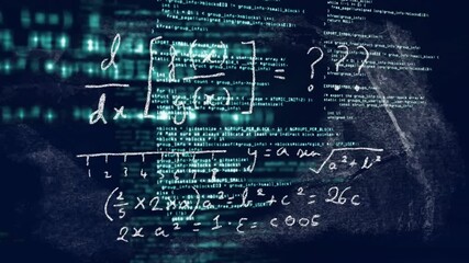 Poster - mathematical equations and coding animation over digital data background