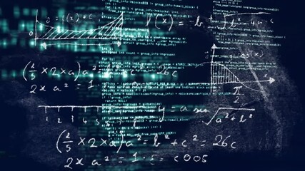 Poster - Mathematical equations and coding animation over digital data background