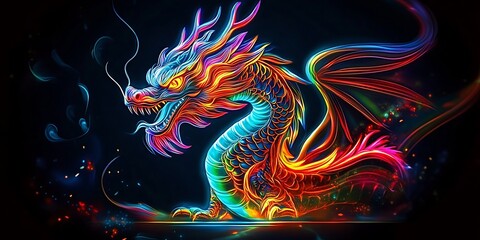 Wall Mural - Magical Multicolored Neon Lights Dragon Wallpaper 4K