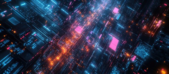 Aufkleber - Futuristic cityscape with AI integration Dynamic high speed data transfer visualization in a technology inspired 3D abstract render