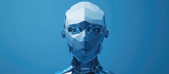 Poster - Low poly robot displayed from the front against a blue backdrop created using 3D rendering techniques