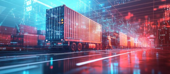 Poster - Smart Logistics and Digital Marketing Technology Concept featuring double exposure of polygonal wireframe cargo transport elements and a growth graph symbolizing modern import export trends