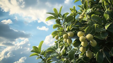 Wall Mural - Close up of Melia azedarach tree with fruits against a cloudy backdrop