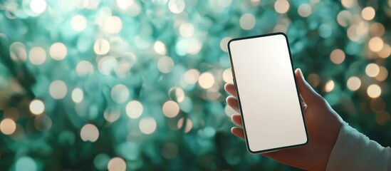 Poster - Man s hand holding a blank touchscreen smartphone against a soft green bokeh backdrop