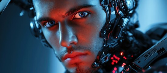 Aufkleber - Close up portrait of a man with abstract elements reflecting the themes of robotics military technology and gaming in a 3D illustration