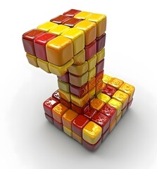 3D rendering of number 1 made of Yellow and Red squares blocks on full white background High quality photo