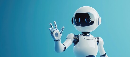 Poster - Friendly white robot greets with a wave against a blue backdrop