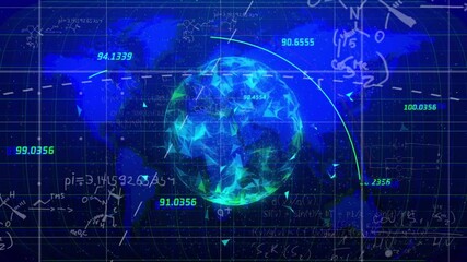 Poster - Mathematical equations and data points animation over rotating globe with blue background