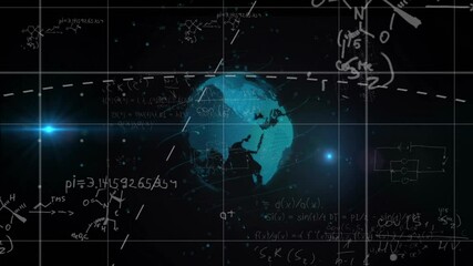 Poster - Mathematical equations and scientific formulas over rotating Earth animation