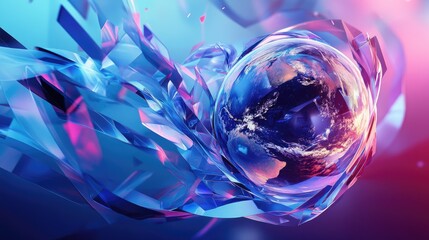 Wall Mural - A vivid abstract representation of the earth surrounded by flowing geometric ribbons in shades of blue and purple