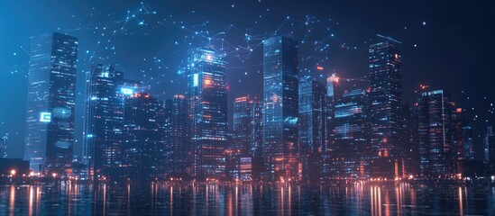 Aufkleber - City skyline at night featuring skyscrapers with elements representing artificial intelligence business machine learning neural networks and robotics