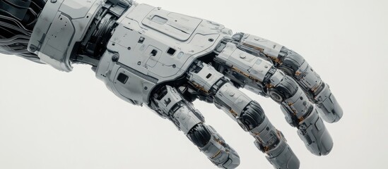 Poster - Close up of a large robot s hand against a white background showcasing intricate details 3D illustration