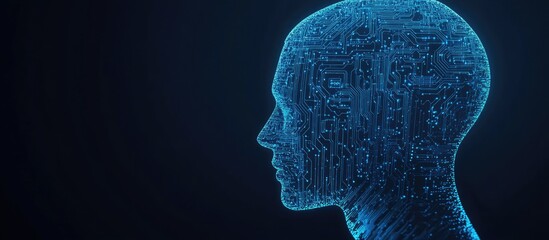 Poster - Silhouette of a human head with a blue circuit board design representing the concept of artificial intelligence AI on a dark backdrop