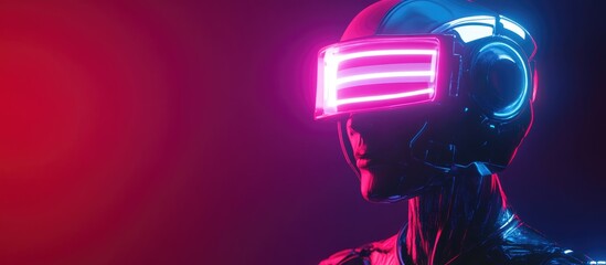 Poster - 3D rendering of an artificial intelligence cyborg or robot illuminated by neon lights