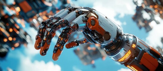 Poster - Close up view of a robotic arm mechanism with futuristic design elements in a 3D rendered depiction