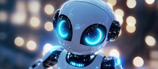 Poster - Robot toy with illuminated blue eyes against a soft focus backdrop