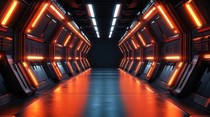 Poster - neon sci fi lamps illuminate a dark tunnel creating reflections on the floor and walls with an empty