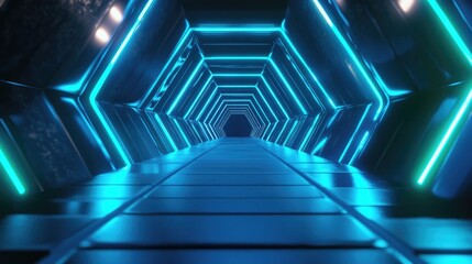 Poster - a hexagonal neon light tunnel radiates with bright blue and green illumination