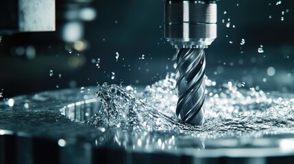 Poster - Close up of a boring process using a high speed steel drill bit on a pillar drill machine in the metalworking industry