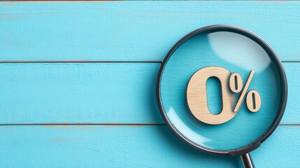 A magnifying glass zooms in on a wooden '0%' symbol against a vibrant blue wooden background, symbolizing finance or discounts.