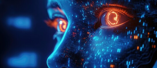 Poster - Abstract robot face cropped in half featuring a neon eye against a backdrop of blue computer code highlighting elements of cryptocurrency in a 3D rendering