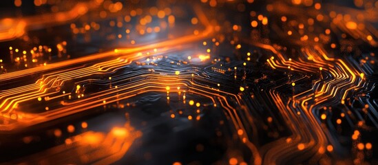 Poster - Orange abstract background featuring a futuristic cyber circuit design representing advanced technology concepts