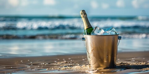 Wall Mural - Chilled bottle in a cooler placed on wet sand by the shore