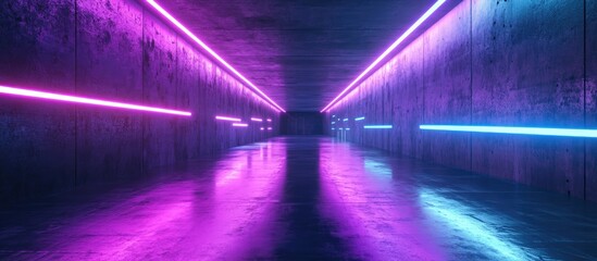 Poster - Dark Empty Virtual Space with Vibrant Neon Glowing Purple and Blue Laser Line Lights Reflecting on Rough Textured Concrete Walls 3D Rendering Illustration