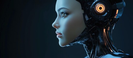Poster - 3D rendered profile portrait of a robotic woman against a dark backdrop showcasing the concept of artificial intelligence and futuristic design