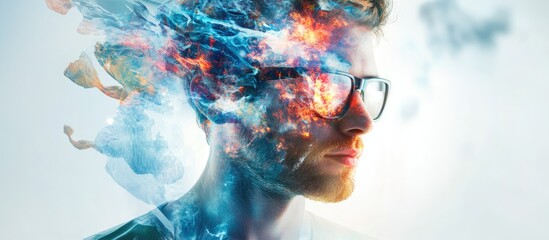 Poster - Man composing with double exposure of SEO illustrations