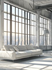 Three dimensional render of modern sofa standing in front of windows inside industrial loft