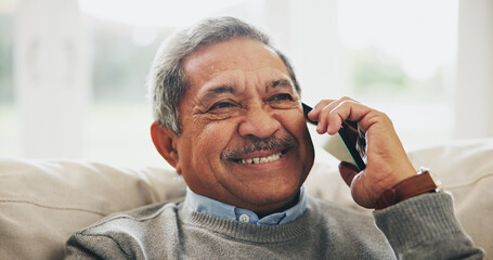 Wall Mural - Senior man, phone call and happy on sofa with conversation, memory and retirement with thinking in home. Elderly person, smartphone and smile with contact, reflection and chat on couch in living room