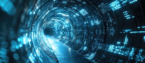 Aufkleber - Futuristic sci fi warp tunnel featuring a particle grid Visual representation of data centers servers and internet speed High tech background for big data visualization 3D rendering