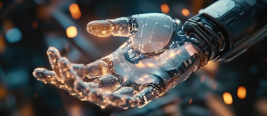 Poster - Concept of artificial intelligence and creativity featuring AI creative services like copywriting image generation music creation and chatbot depicted through a robotic hand in 3D render