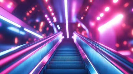 Poster - Blurred escalator tunnel in a metro setting featuring vibrant light bokeh Ideal for abstract backgrounds