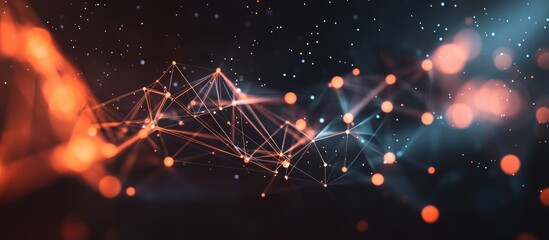 Poster - Abstract illustration of data technology featuring low poly shapes interconnected by dots and lines against a dark background emphasizing 3D rendering and big data visualization