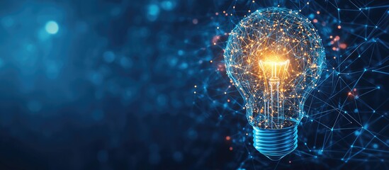 Aufkleber - Bright electric light bulb with polygonal connections against a dark blue backdrop symbolizing technology innovation artificial intelligence and successful brainstorming in business